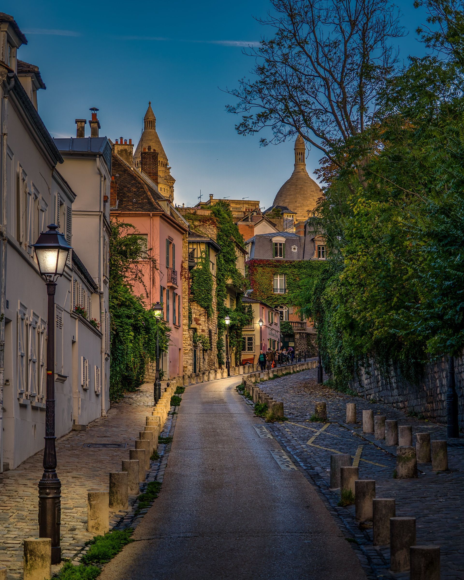 Rue pavée bordée d'immeubles et d'arbres, éclairée par des lampadaires. La basilique du Sacré-Cœur se profile à l'arrière-plan.