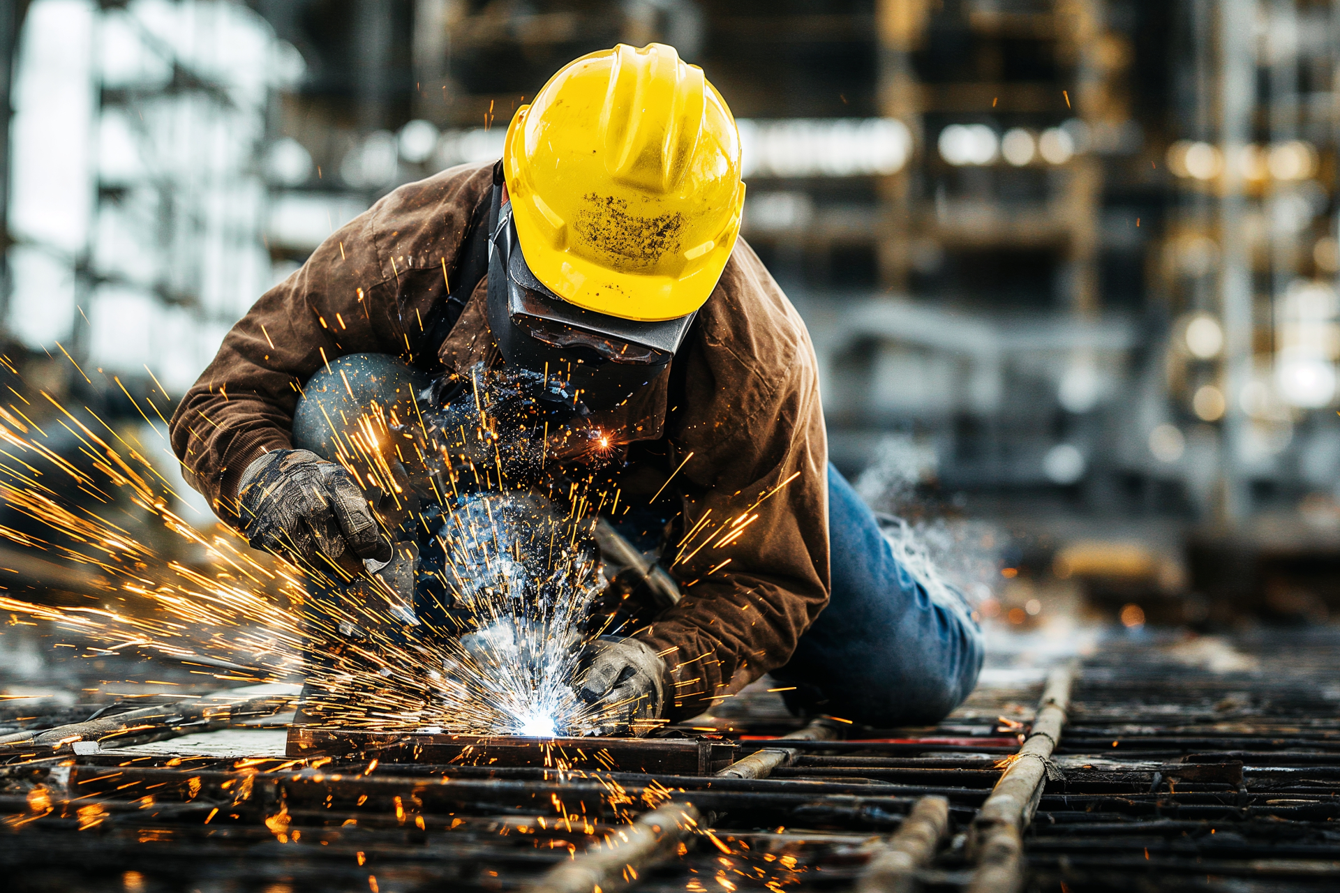 A welder wearing a yellow hard hat and protective gear works on metal, producing bright sparks in an industrial setting.