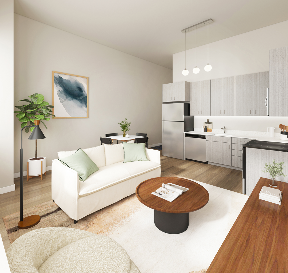 A living room with a couch and a coffee table