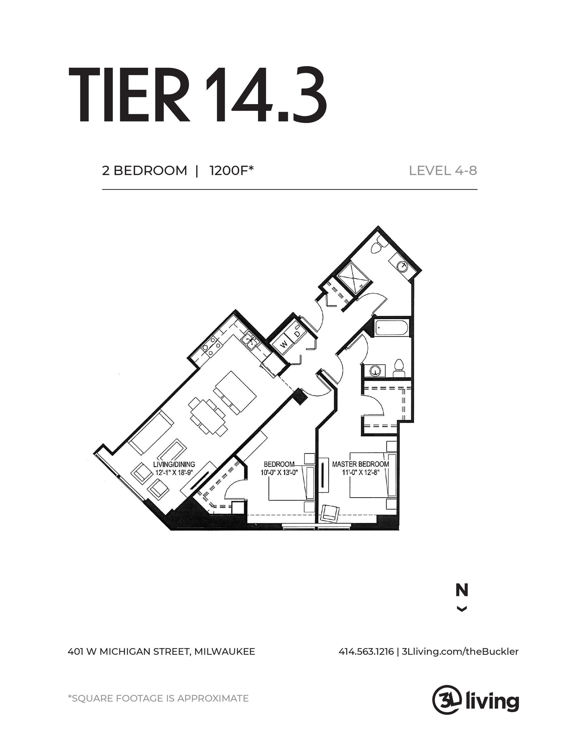 A black and white floor plan of a tier 14.3 apartment.