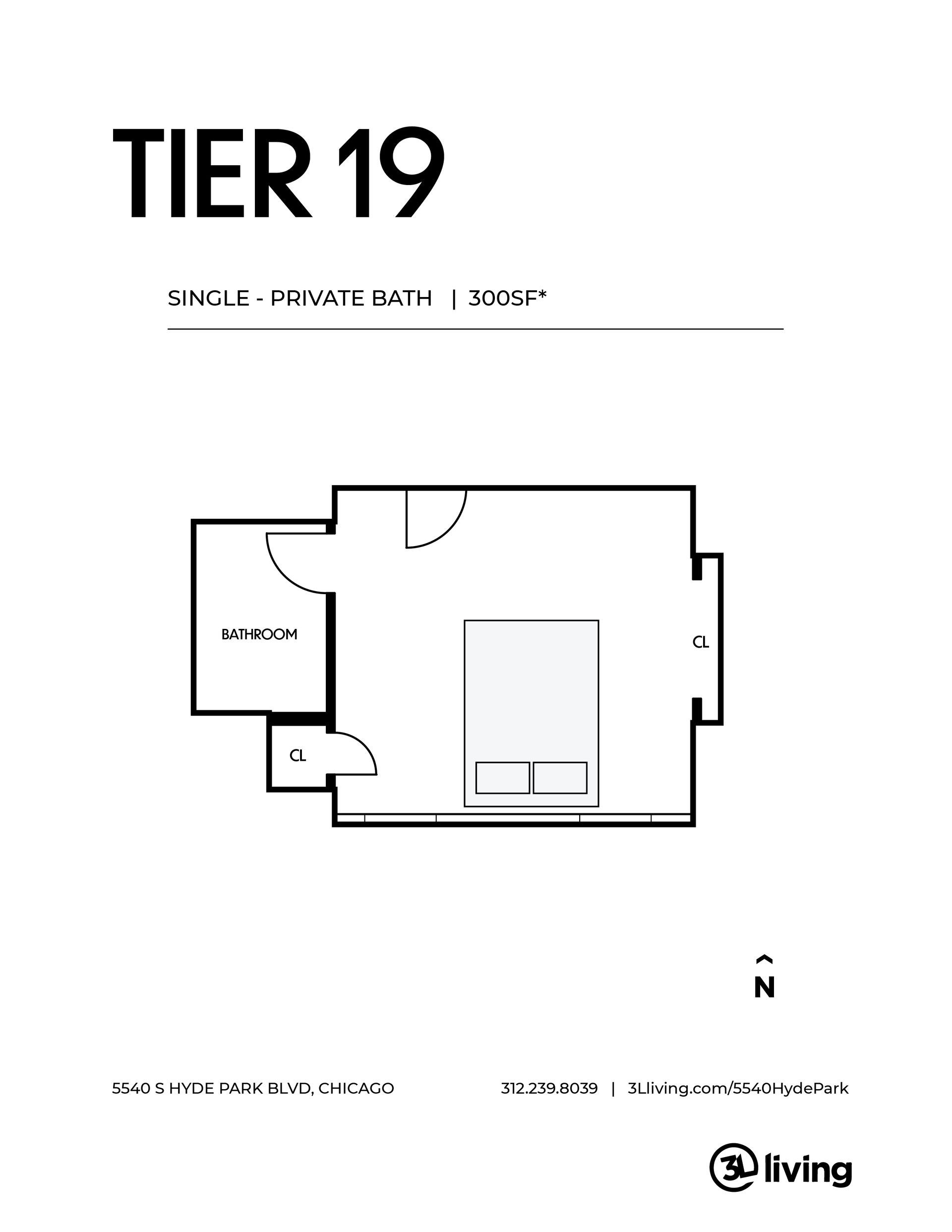 A black and white floor plan of a tier 19 apartment.