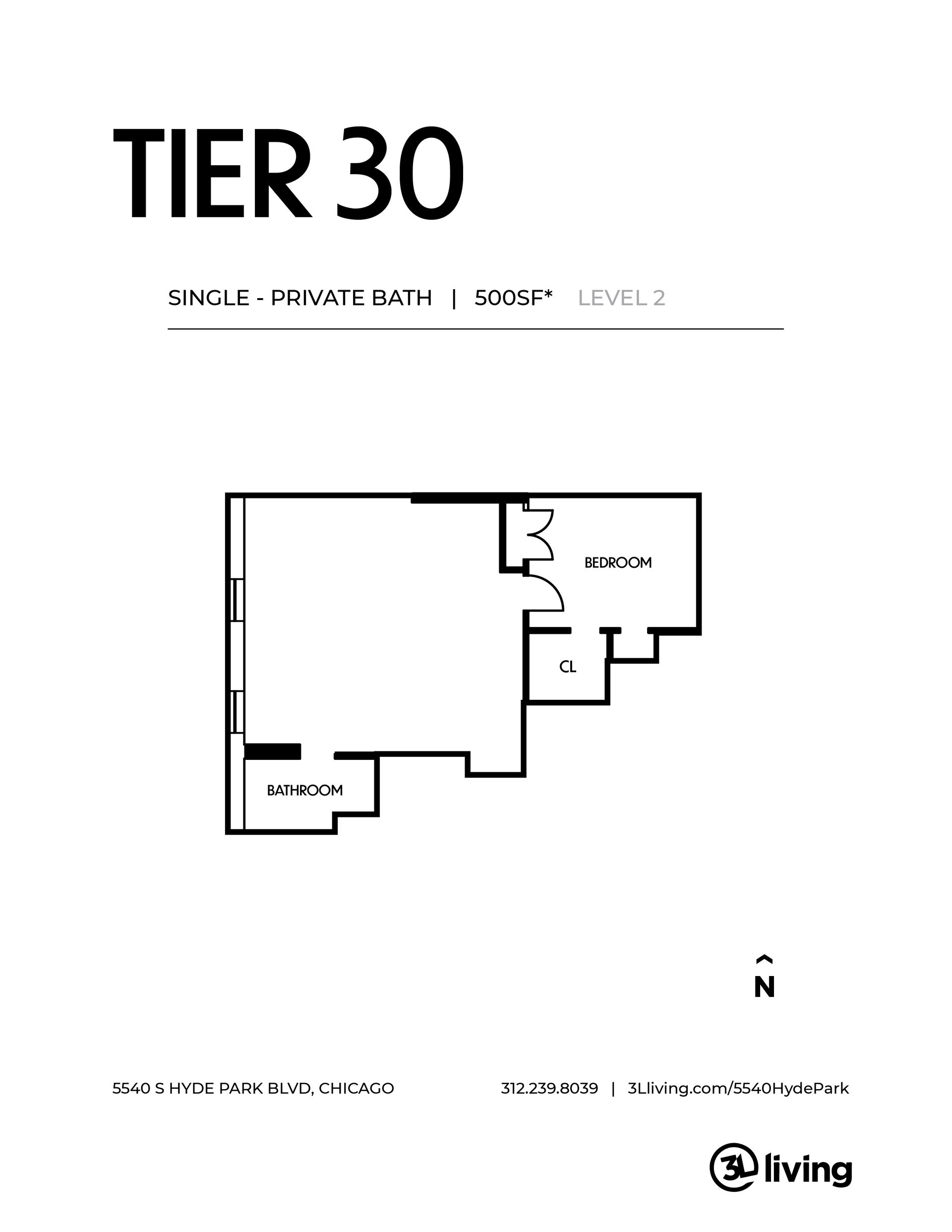A black and white floor plan of a tier 30 apartment.