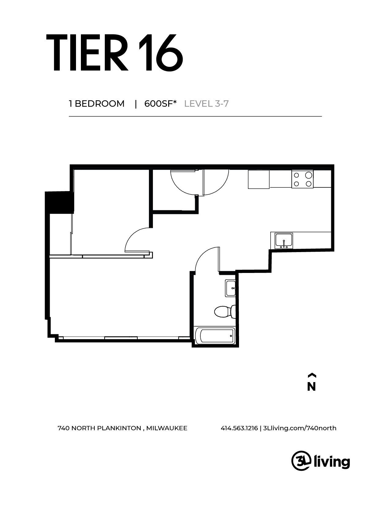 A black and white floor plan of a tier 16 apartment.