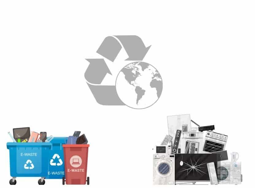 Recycling symbol with globe, bins labeled 
