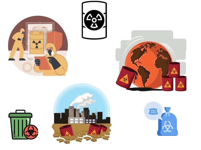 Radioactive waste icons and illustrations: barrels, Earth, hazmat suits, factory, biohazard bag.