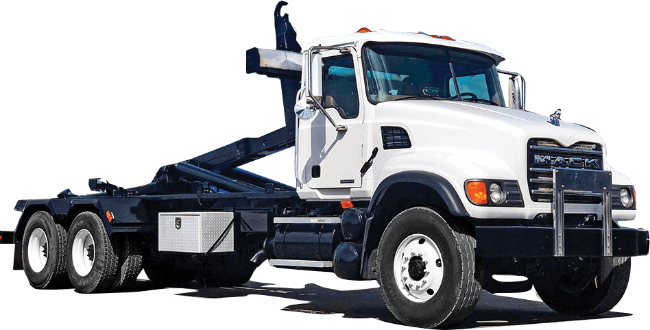 White roll-off truck with black chassis and hydraulic arm; parked on a sunny surface.