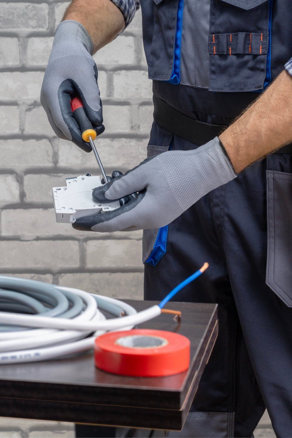 Electrician works using screwdriver
