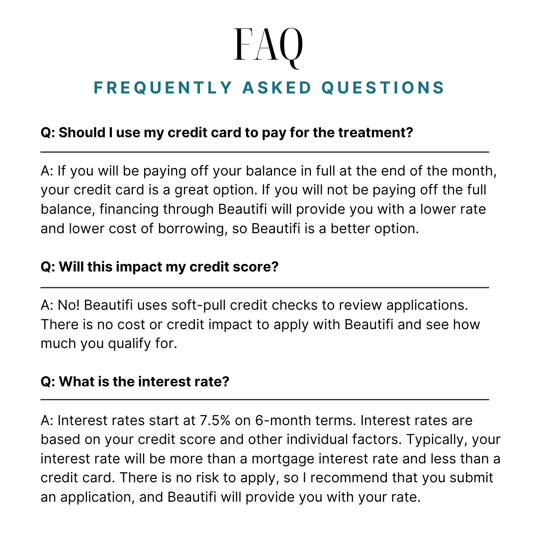 FAQ about Beautifi credit options, with questions and answers regarding credit card use, credit score impact, and interest rates.