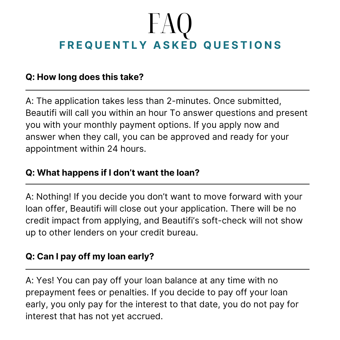 FAQ section with answers about loan application time, consequences of not wanting a loan, and early loan payoff.