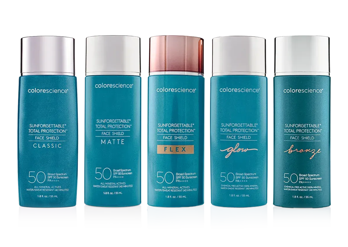 Five turquoise and teal skincare bottles with silver caps arranged in a row on white background
