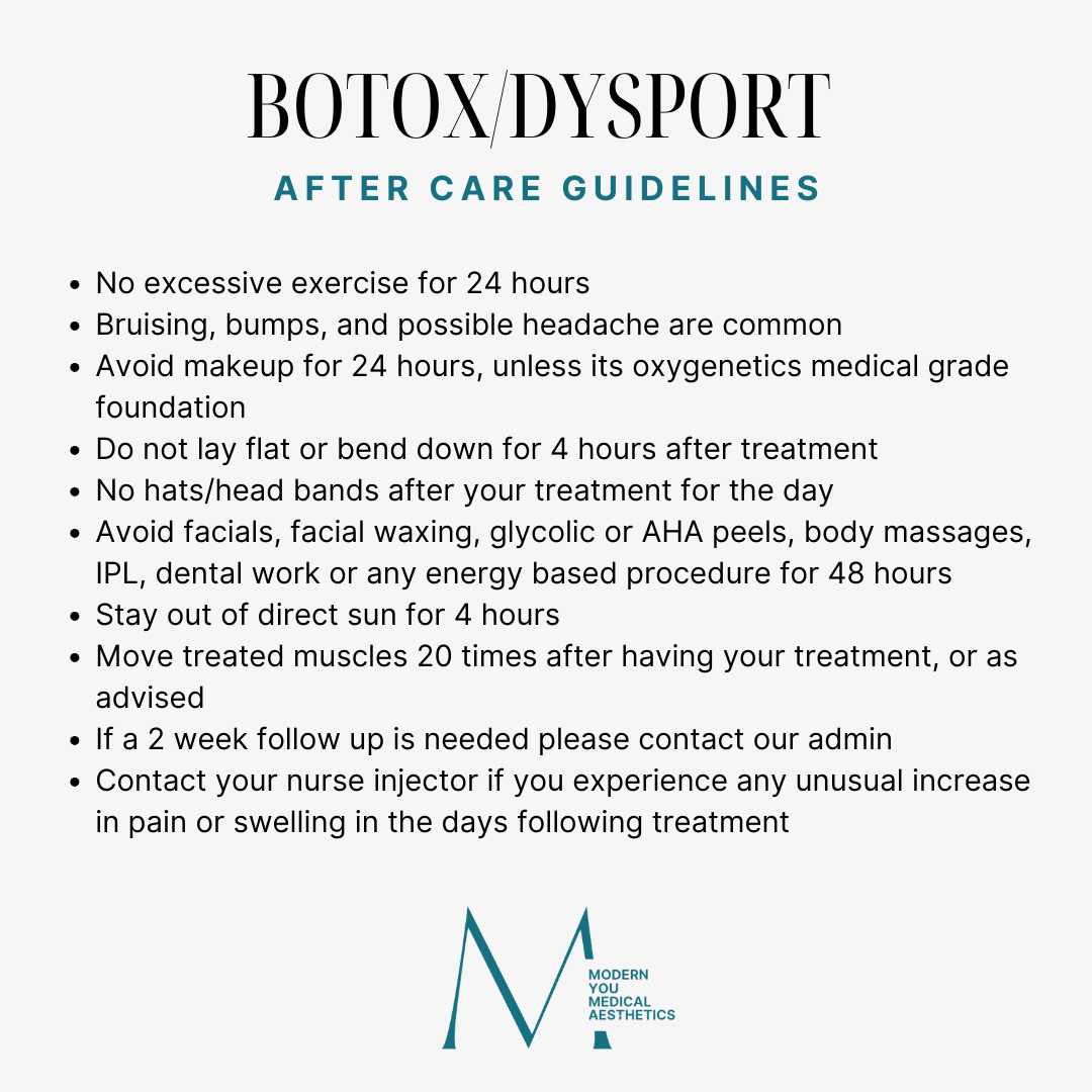 Botox/Dysport aftercare guidelines on a white background with black text and a logo at the bottom.