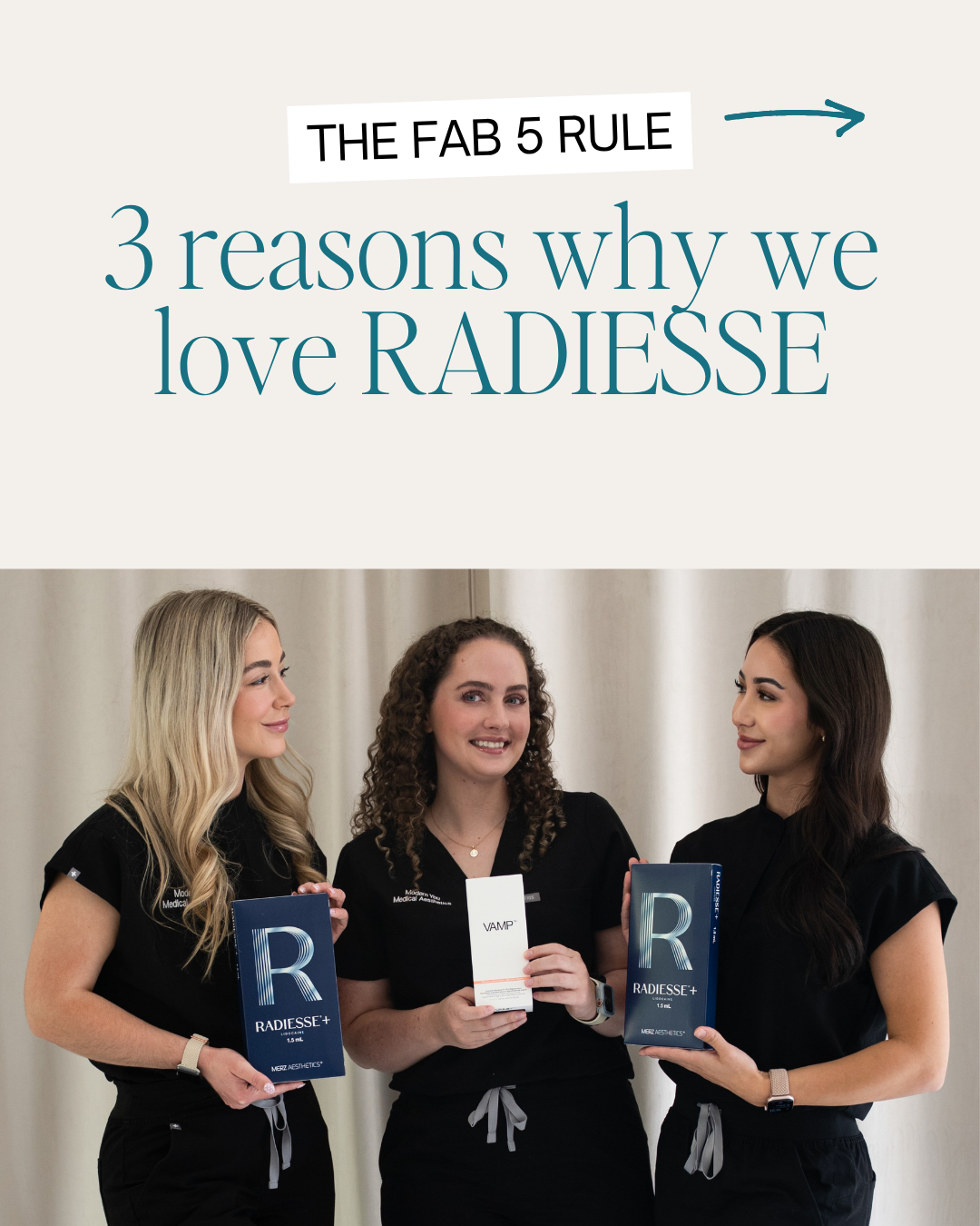 Three women holding Radiesse product boxes under the text “3 reasons why we love RADIESSE”