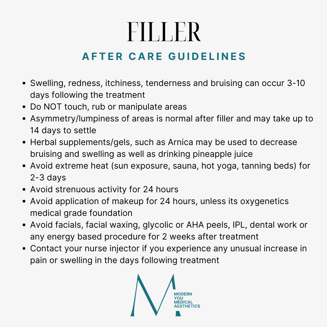 Aftercare guidelines for filler injections: swelling, bruising, avoid heat, makeup, and strenuous activity.