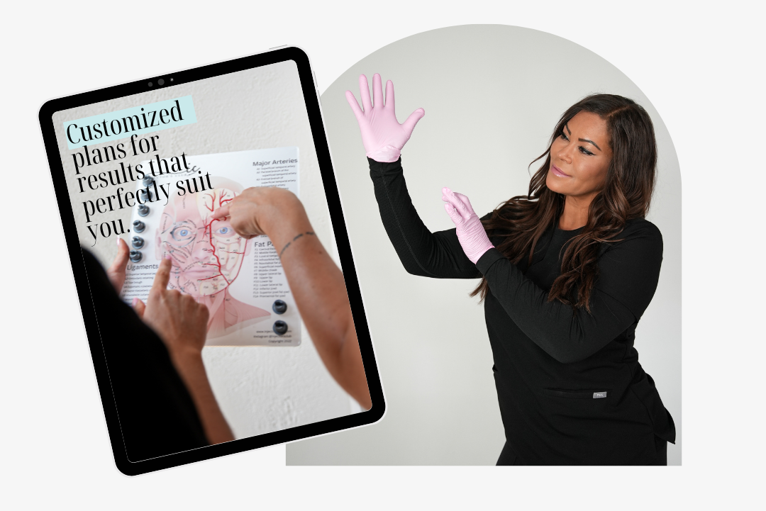Woman in black scrubs gesturing, with a tablet showing a medical diagram and text 
