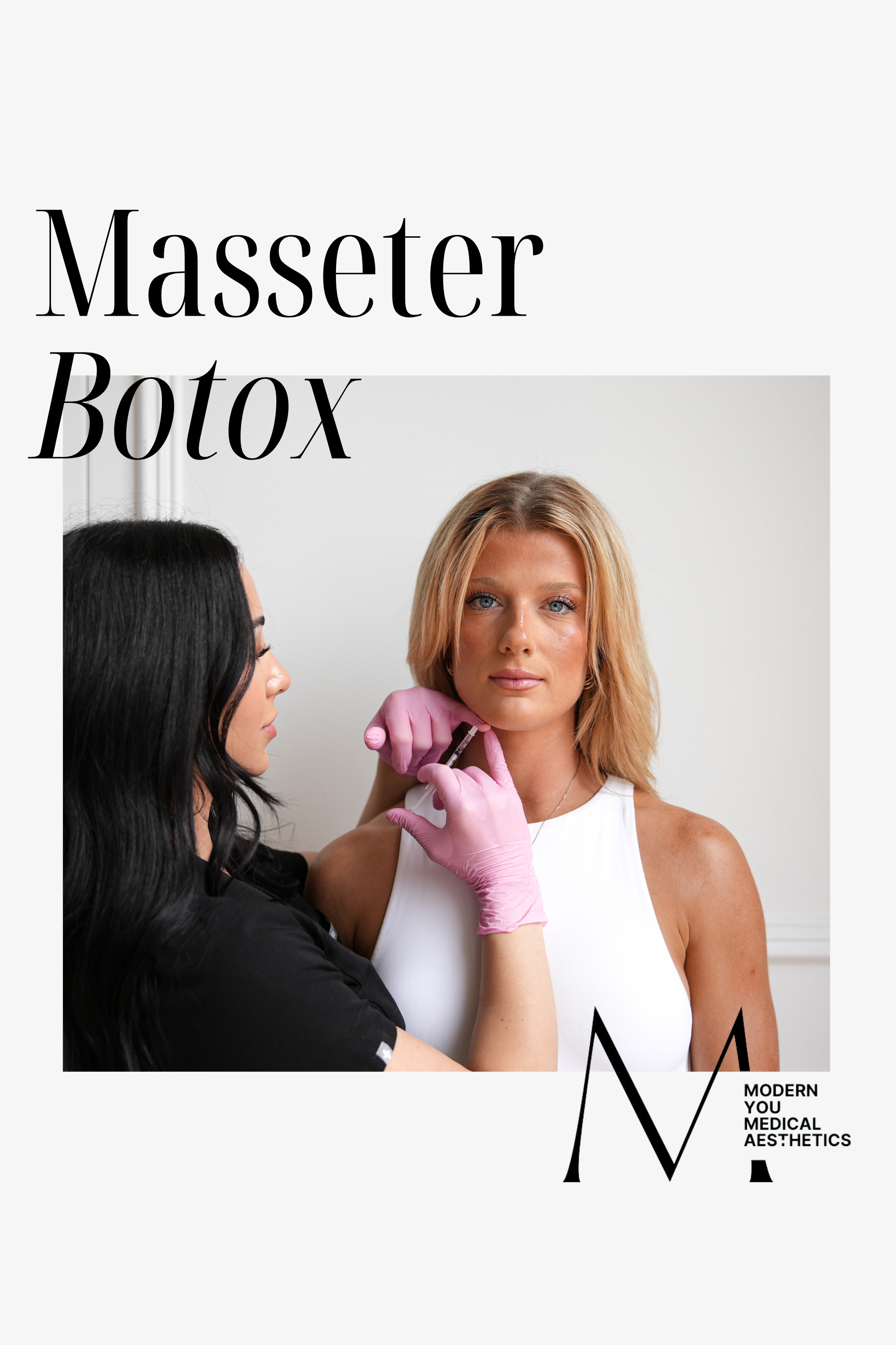 Woman receiving masseter Botox injections; pink gloves, white tank, light-skinned doctor.