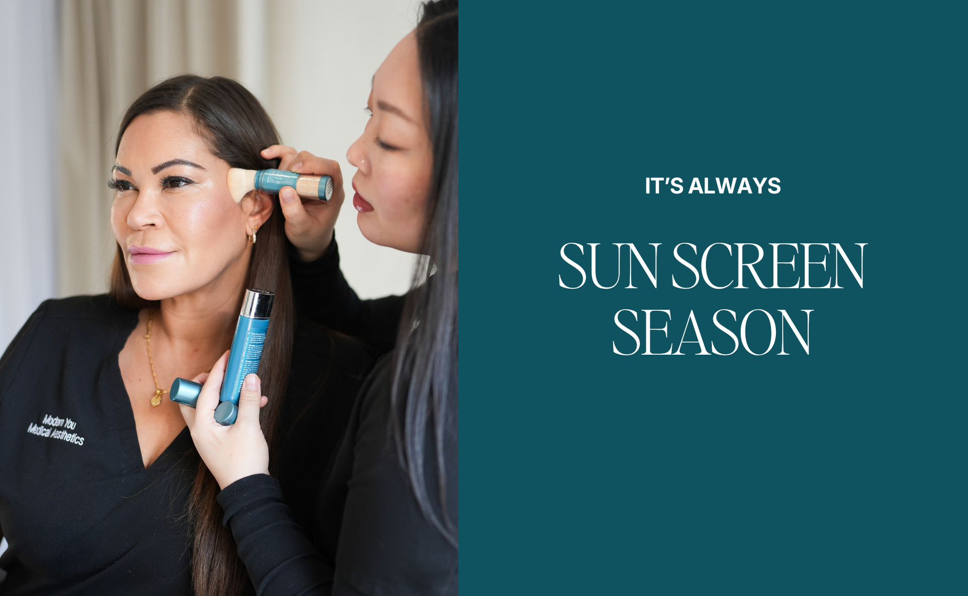 Person applying sunscreen to another person in a black top, with text reading “It’s always sunscreen season.”