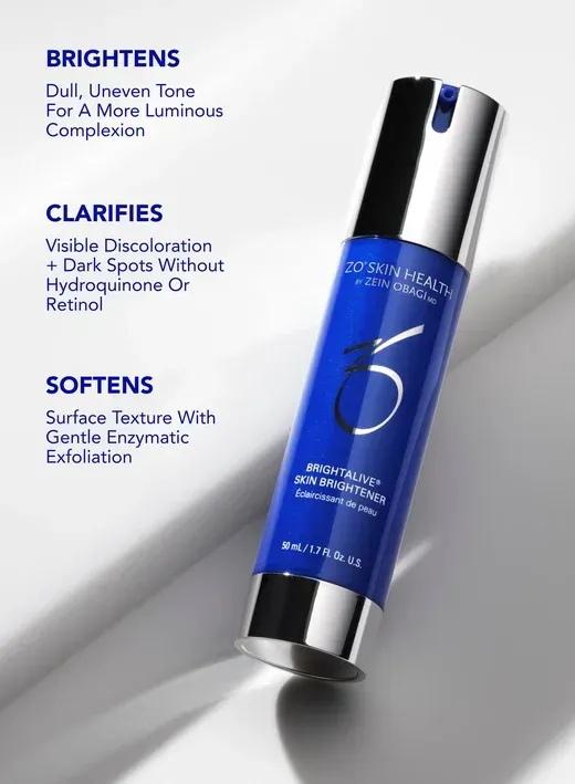 Blue skincare serum bottle with white text highlighting brightening, clarifying, and softening benefits on a gray background