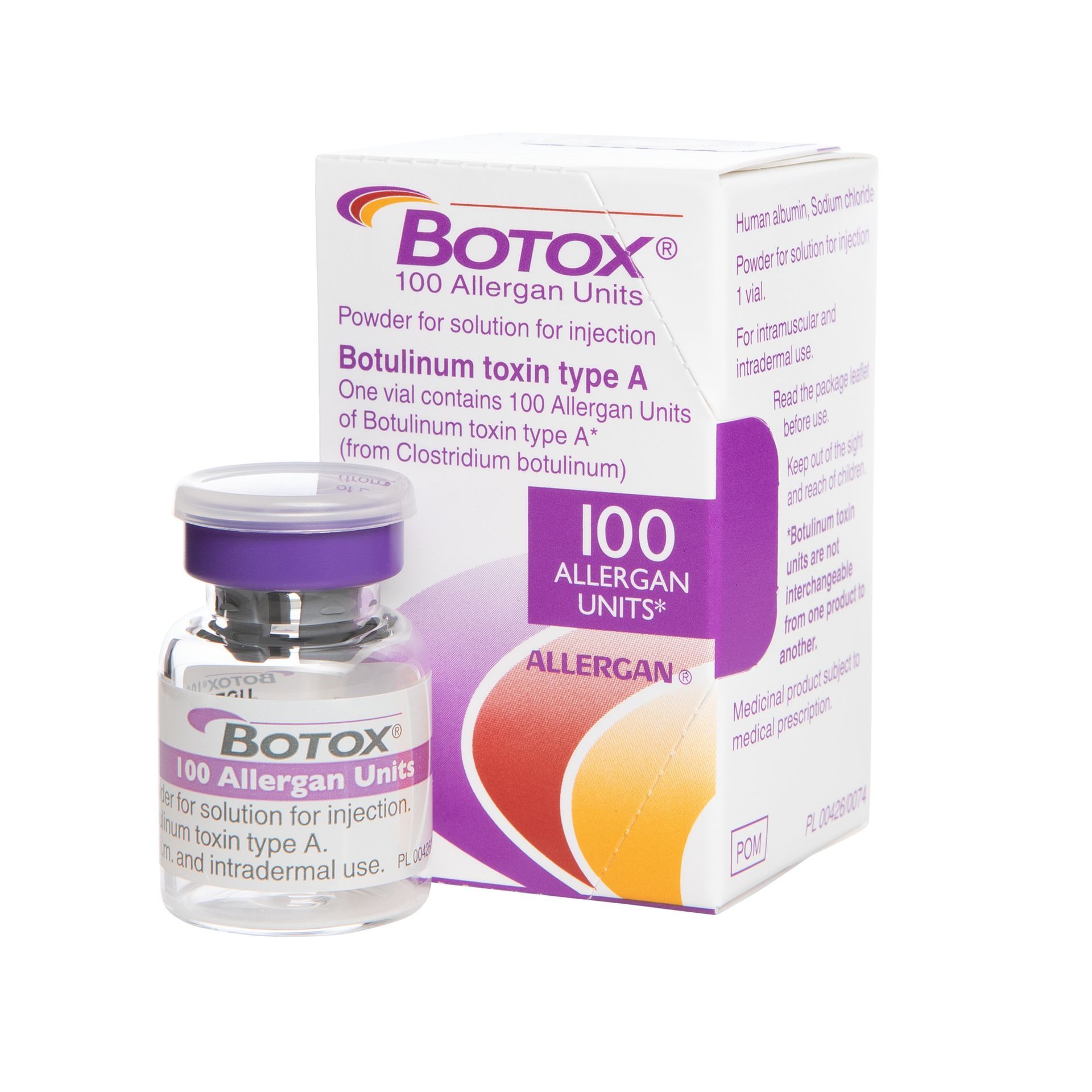 Box and vial of Botox, purple and white packaging. Contains 100 Allergan Units of botulinum toxin.