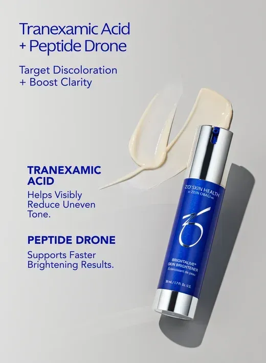 Blue bottle of tranexamic acid + peptide serum with cream liquid swirls and text about brightening and clarity