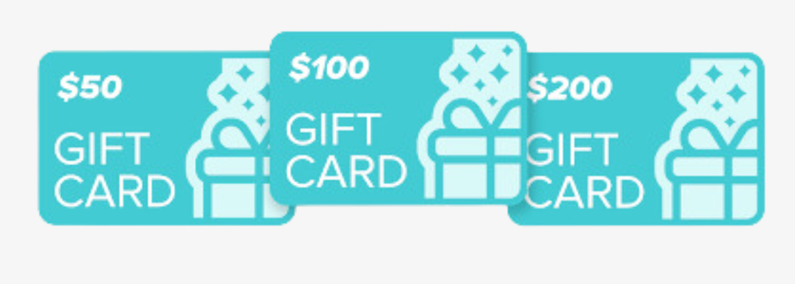 Gift cards: $50, $100, and $200. Turquoise background with gift box and star design.