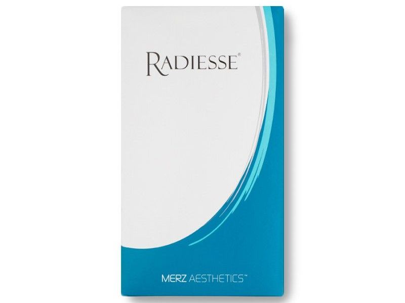 Box of Radiesse filler from Merz Aesthetics; white with blue curved accent.