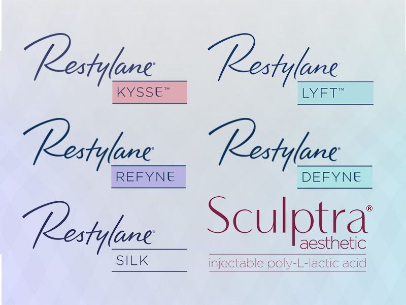 Logos for Restylane products: Kysse, Lyft, Refyne, Defyne, Silk, and Sculptra.