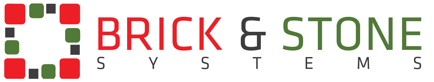 Stone Panel System Logo Logo dla Brick & Stone Systems, przedstawiające kwadratowy wzór z czerwonymi, zielonymi i czarnymi kwadratami. Tekst jest w kolorze czerwonym i zielonym.