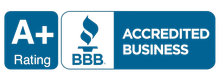 A blue sign that says a + rating accredited business