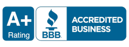 A blue sign that says a + rating accredited business