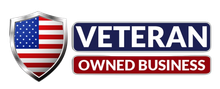 A veteran owned business logo with an american flag on a shield.