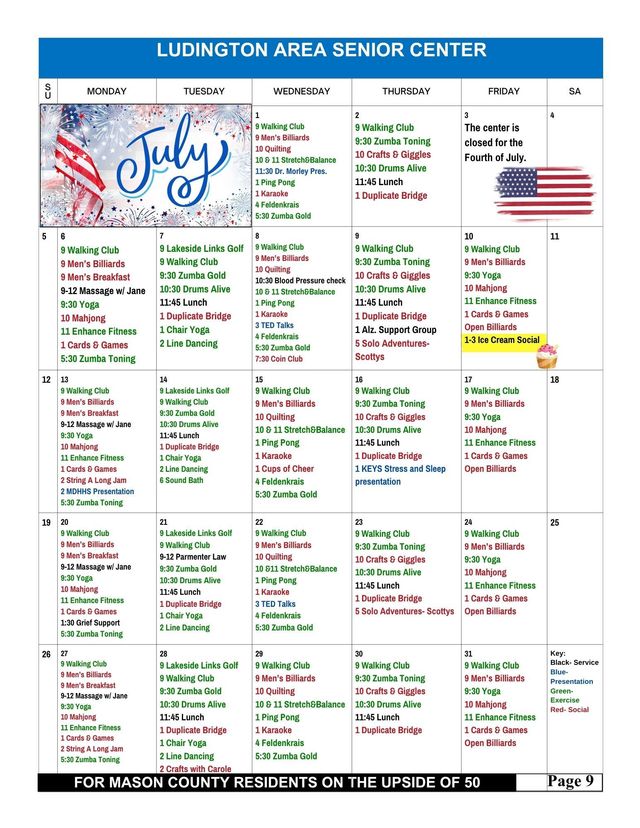 July 2026 calendar of activities