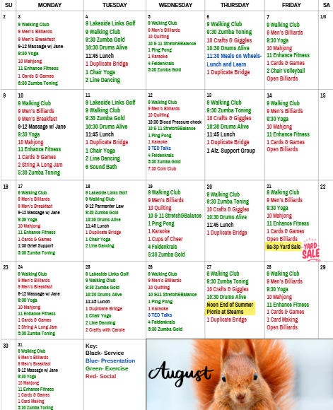 August 2026 Ludington Area Senior Center Calendar of Activities