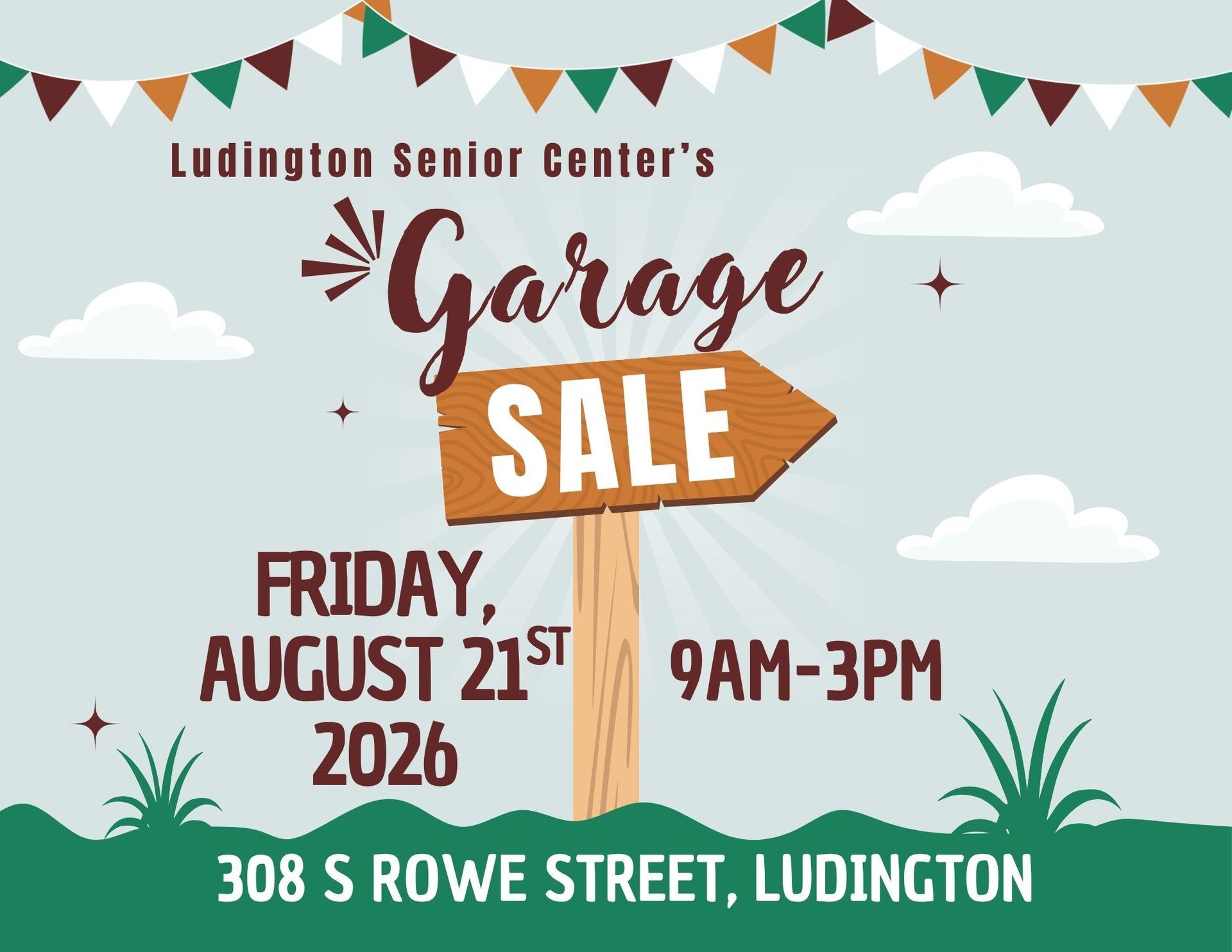 Flyer for Ludington Senior Center's Garage Sale on Friday, August 21, 2026, from 9:00 A.M. to 3:00 P.M