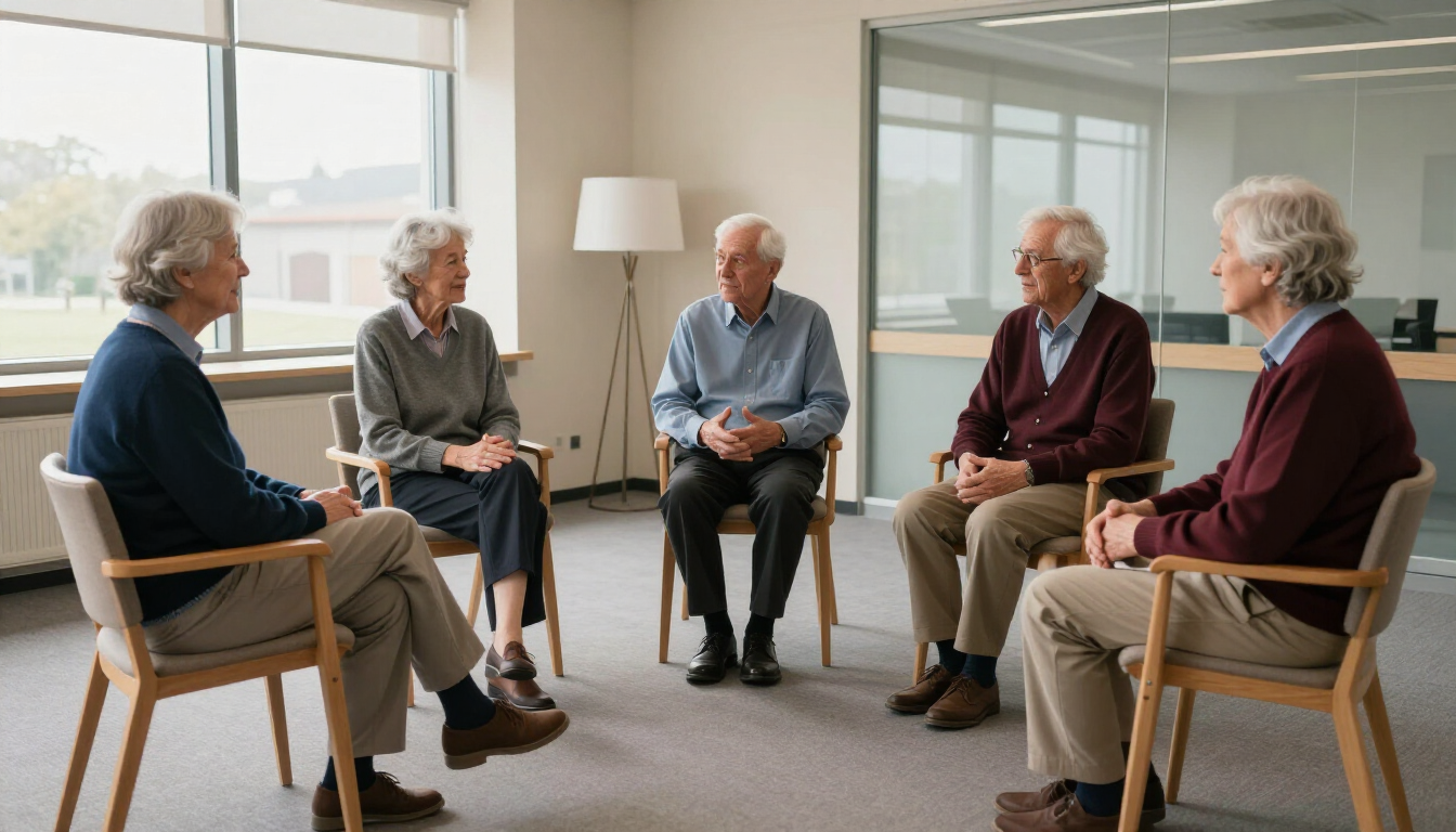 image of group of seniors conversing while sitting in semicircle