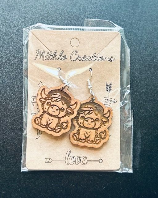 Highland Cow Hat and feather Wood Earring