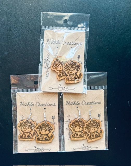 Highland Cow Sunflower Wood Earrings