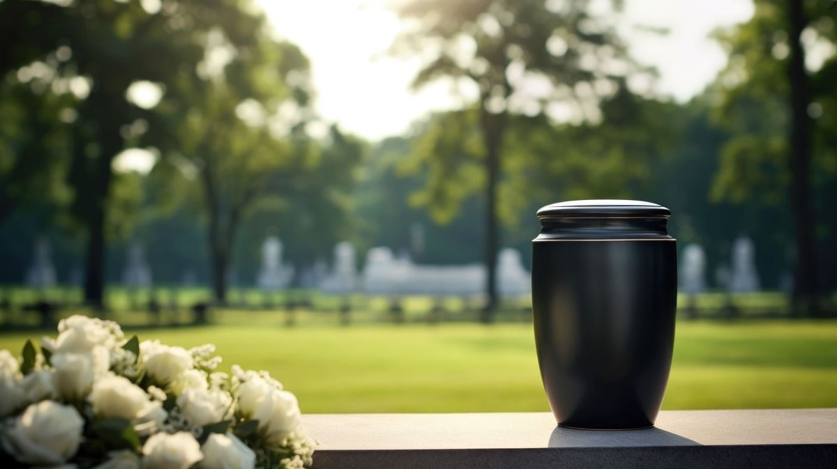 Black takeaway coffee cup on a ledge with white flowers and a blurred green park background