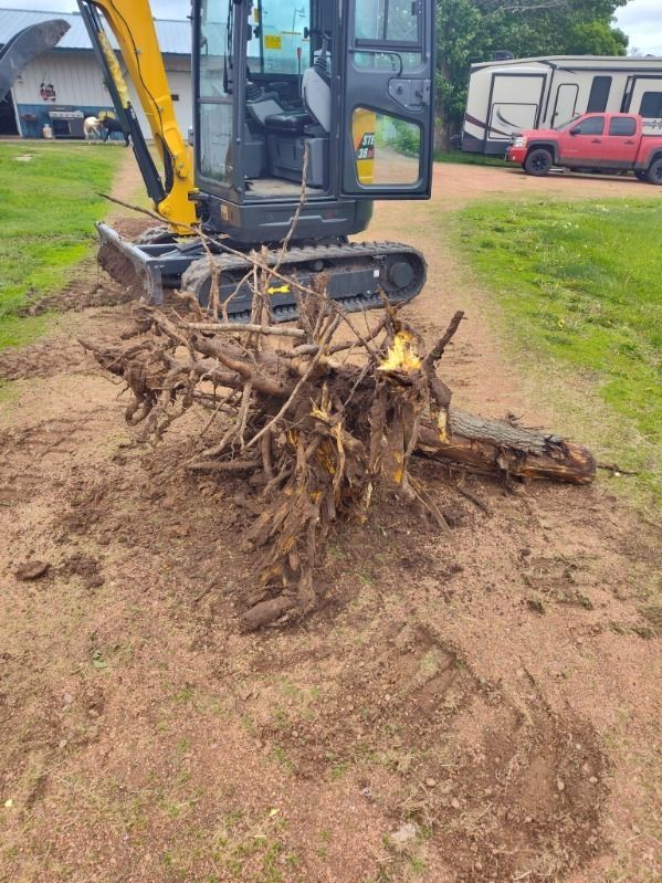 Yellow excavator lifting a large tree stump and roots in a muddy grassy yard