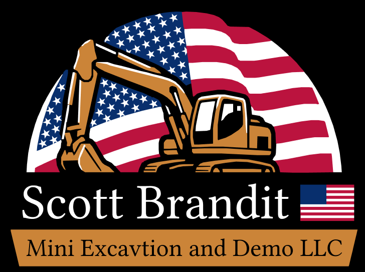Scott Brandit Mini Excavation and Demo LLC logo with excavator over American flag, phone and email details
