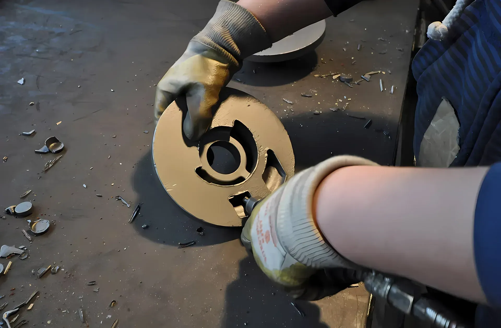 Mani guantate che reggono un disco metallico circolare sopra un pavimento sporco, con un utensile da taglio nelle vicinanze.