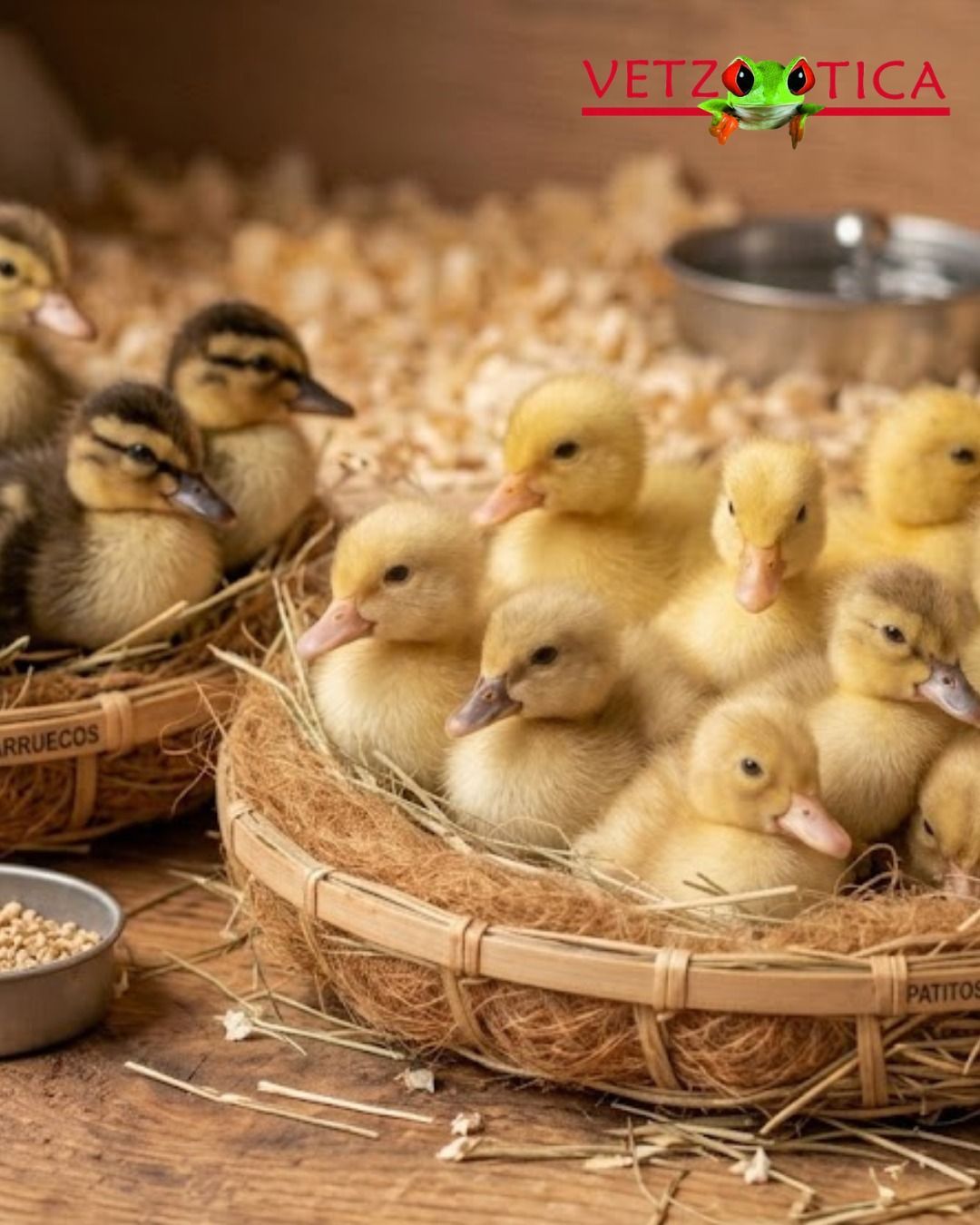 Patitos en cestas de mimbre sobre una mesa de madera con cuencos de comida cerca.