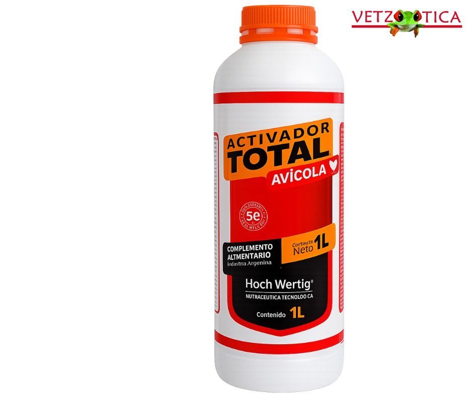 Botella naranja y blanca con la etiqueta “Activador Total Aviar” y la marca Vetzoetica.