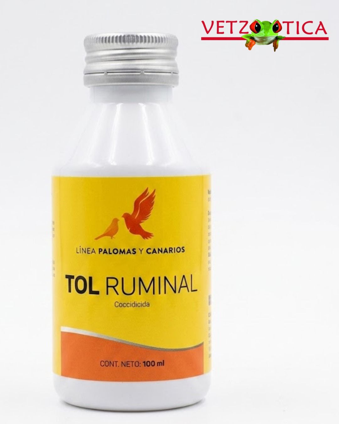 Botella blanca de suplemento veterinario Tol Ruminal con etiqueta amarilla y naranja sobre fondo blanco.