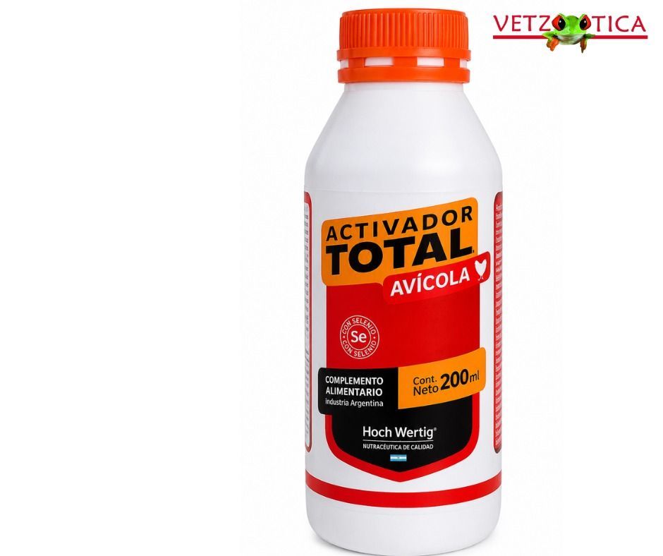 Botella naranja y blanca con la etiqueta “Activador Total Aviar” y la marca Vetzoetica.