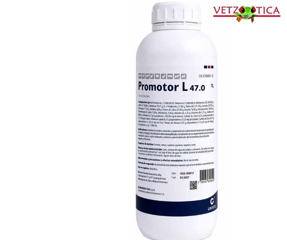 Frasco blanco de medicamento veterinario con la etiqueta “Promotor L47.0” y el logotipo de Vetzotica.