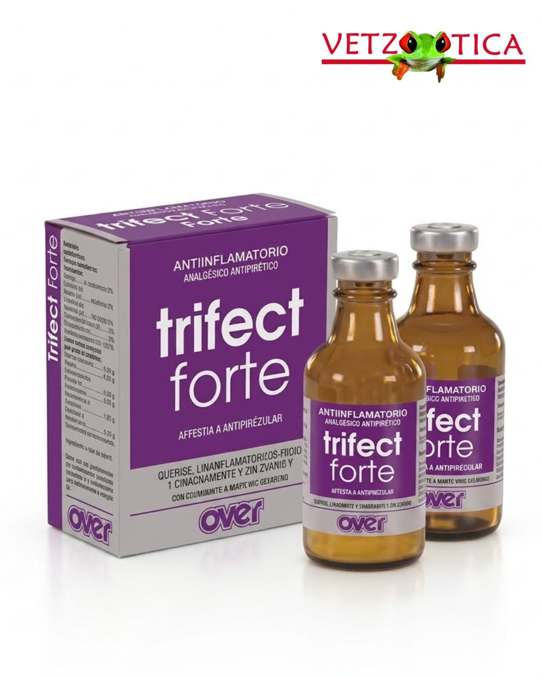Caja de medicamentos veterinarios Trifect Forte de color púrpura con dos frascos de color ámbar sobre fondo blanco.