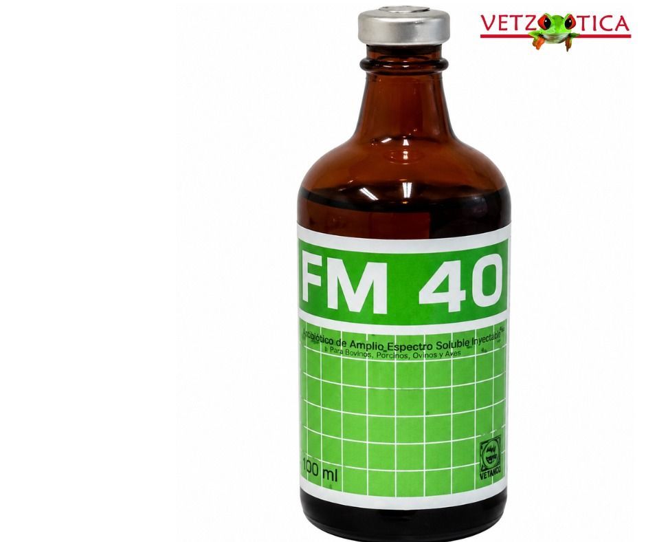 Botella de vidrio marrón etiquetada como “FM 40” con etiqueta verde y tapa blanca sobre fondo blanco.