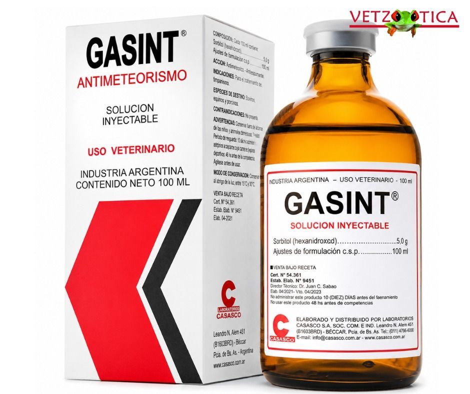 Frasco y caja de antihelmíntico veterinario Gasint, envase blanco y rojo con botella de vidrio ámbar.