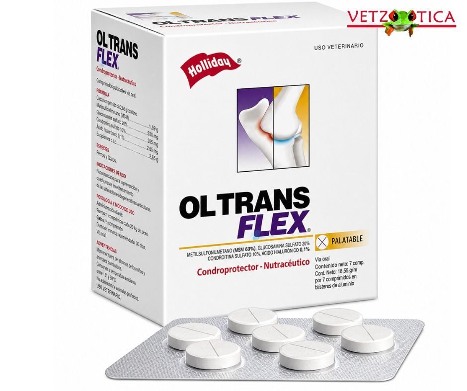 Caja del suplemento articular Oltrans Flex con tabletas blancas sobre fondo claro.