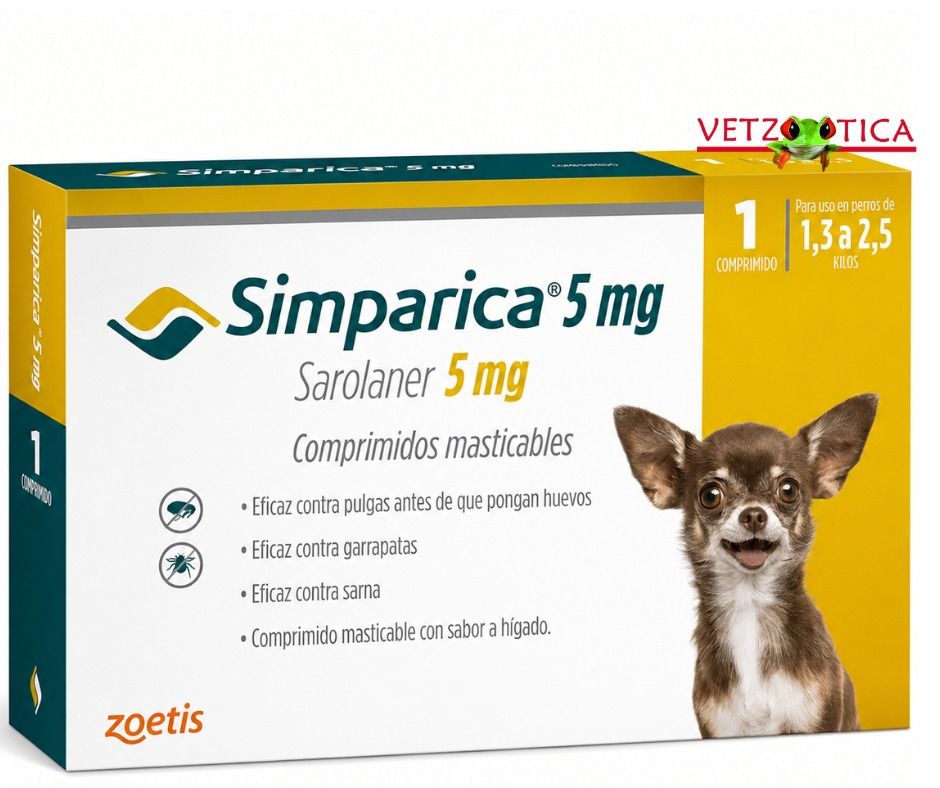 Caja de tratamiento antipulgas para perros Simparica de 5 mg con foto de Chihuahua, envase verde y amarillo.